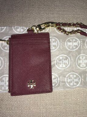 Tory Burch Red Saffiano Leather Lanyard Wallet Card Holder